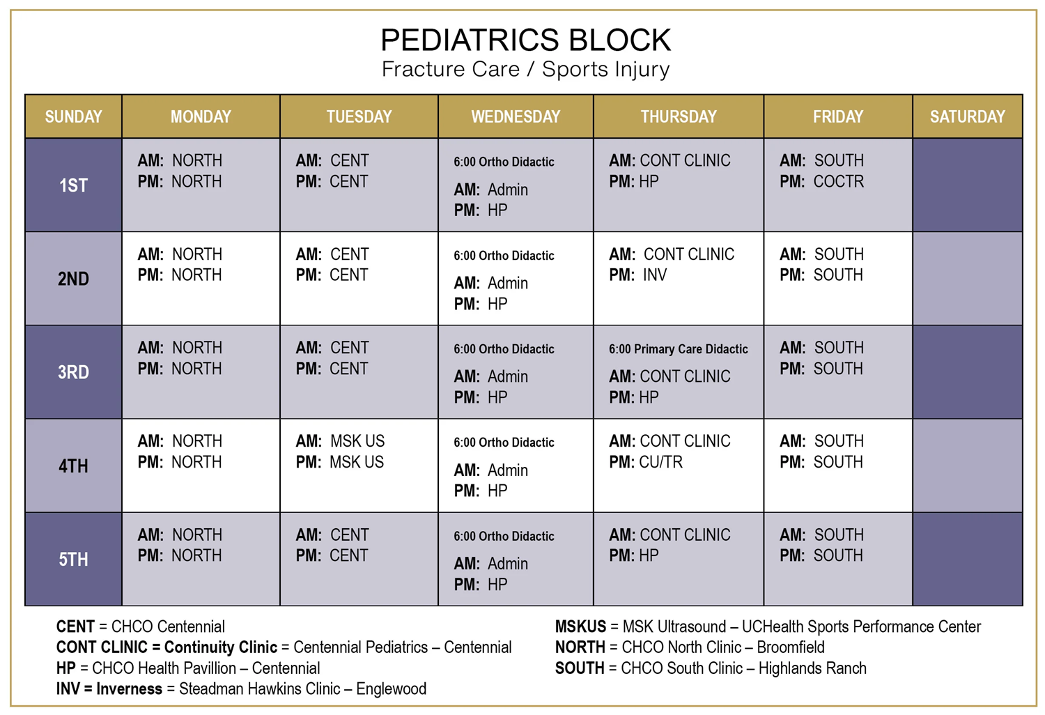 Sports Medicine Block Schedule Pediatrics