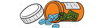 Illustrated graphic of a prescription bottle on its side with pills spilling out