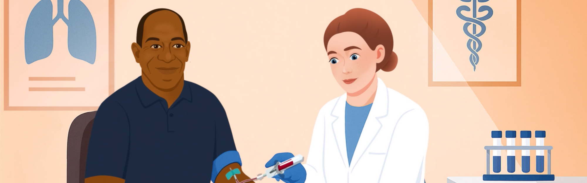 Cartoon black man having blood drawn by cartoon white nurse