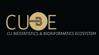 gold text on black background saying CUBE - CU Biostatistics and Bioinformatics ecosystem