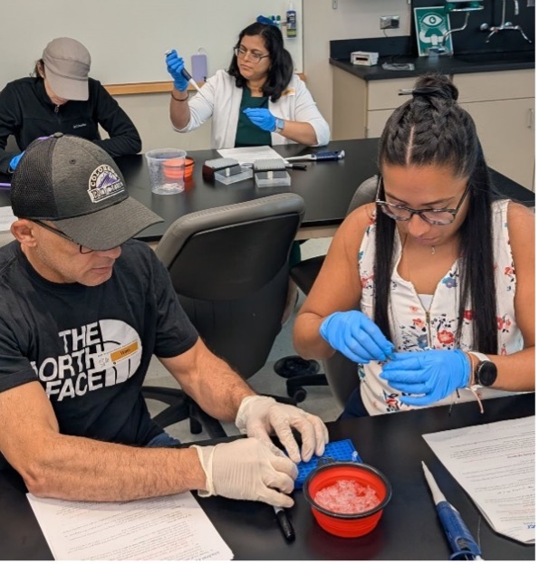 Man in a baseball hat working with a woman with braids on a science experiement