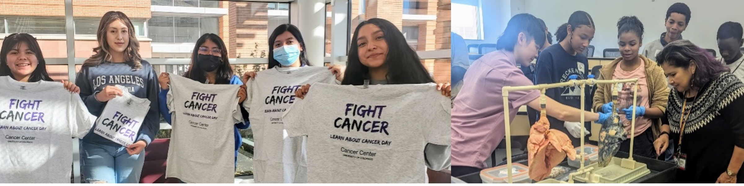 A pair of photos side by side, one a group of students holding Fight Cancer shirts, and one working on a diorama