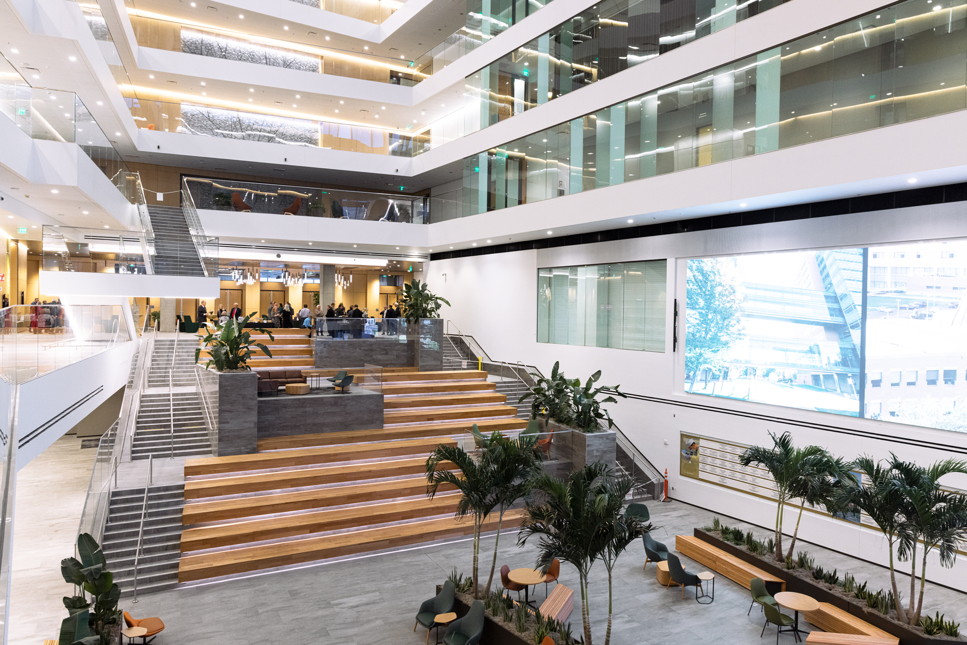 The bright, modern interior of the CU Health Sciences building, a large atrium