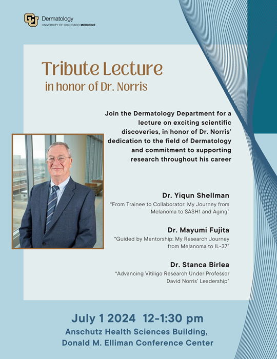 A blue poster invitation to David Norris' tribute lecture on July 1 2024, with the names and titles of three speakers.