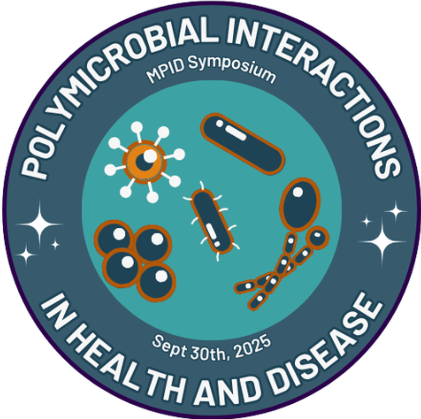 AtealcirclelogowithmirobialgraphicsinthecenterandthefollowingwordscurvedaroundPolymicrobialInteractionsInHealthandDiseaseMPIDSymposiumSept20th2025