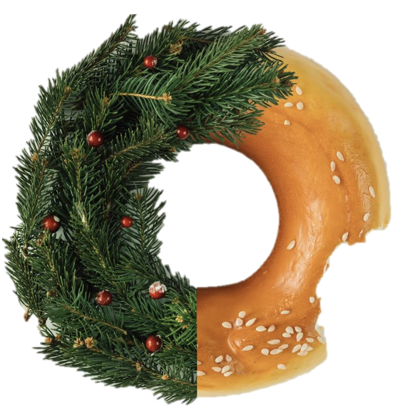 At left is a decorative image combining half a holiday wreath with half a sesame bagel.