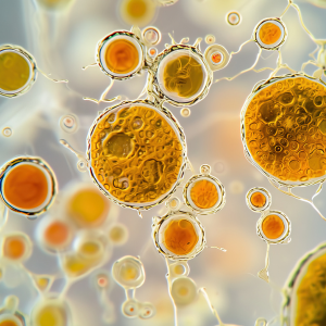 Microscopicviewoforangeandyellowsphericalcellsconnectedbythinthread-likestructures