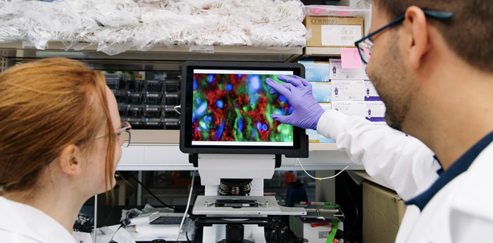 Researcherslookingatascreendisplayingcancercellsinalab