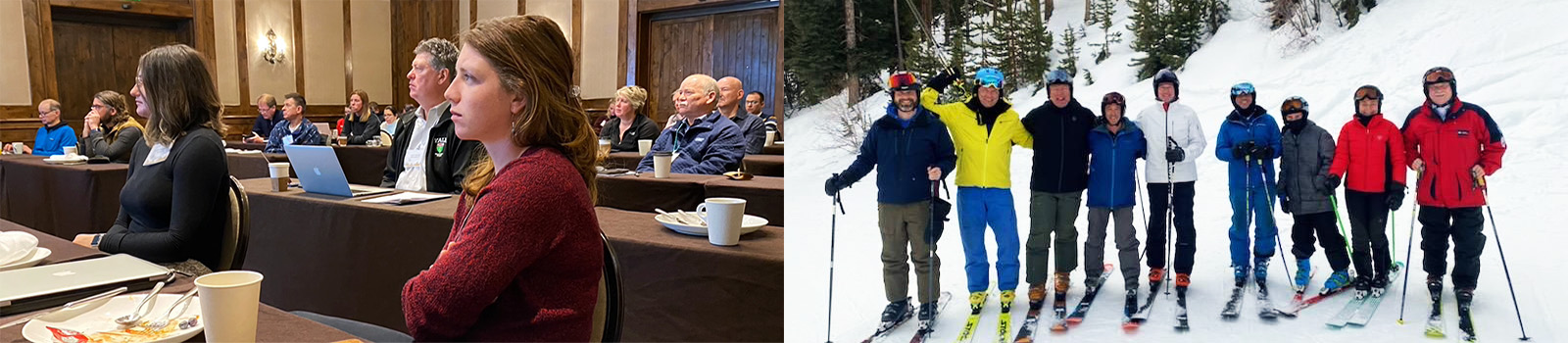 Two photos: on left, attendees at desks listening to a speaker; on right, several attendees in ski gear on snowy slope