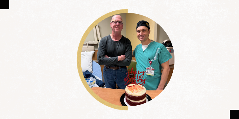 Stephen with neurologist Drew Kern, MD, with his birthday cake in the recovery area after surgery