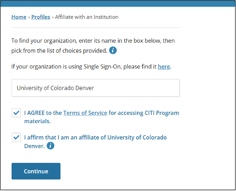 Screenshot of showing how to add your affiliation on the CITI website