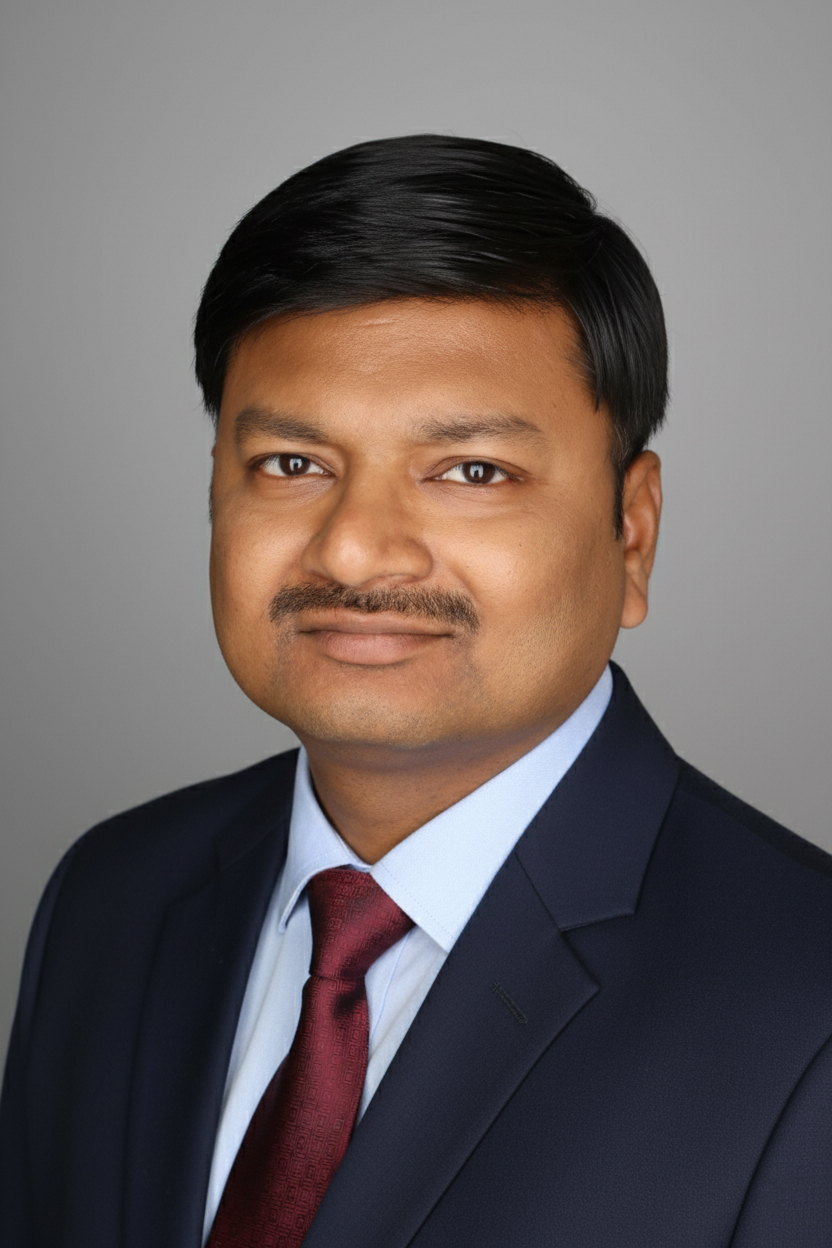 male with a blue suit and red tie, posing for an up close headshot