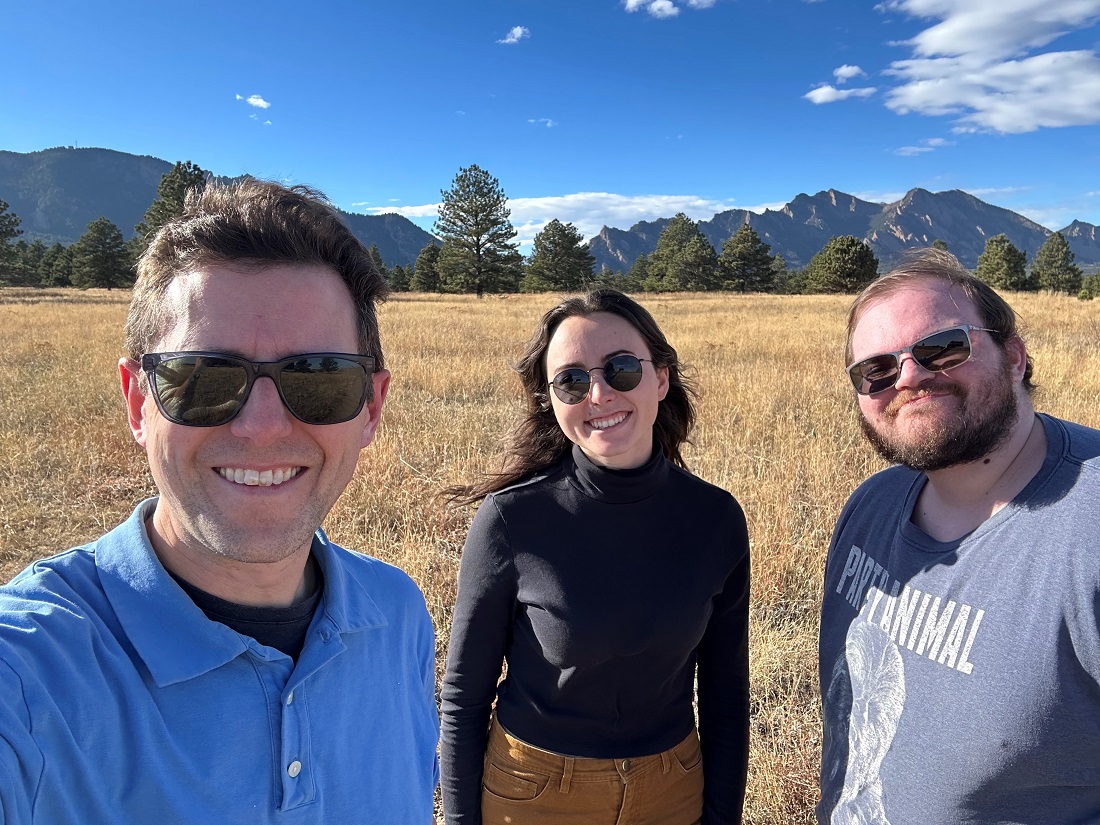 Green Lab Retreat hike on the Flatirons Vista Trail in Boulder, 2023. L-R Adam Green, Gabby Link, and Mathew Slade.