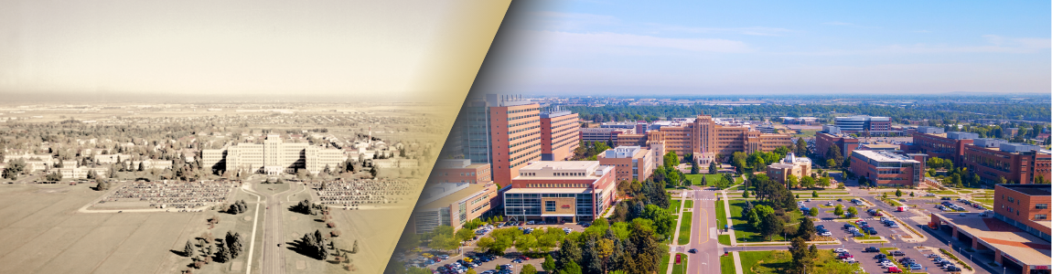 Aerial view of CU Anschutz campus transitioned left to right 1973 to today