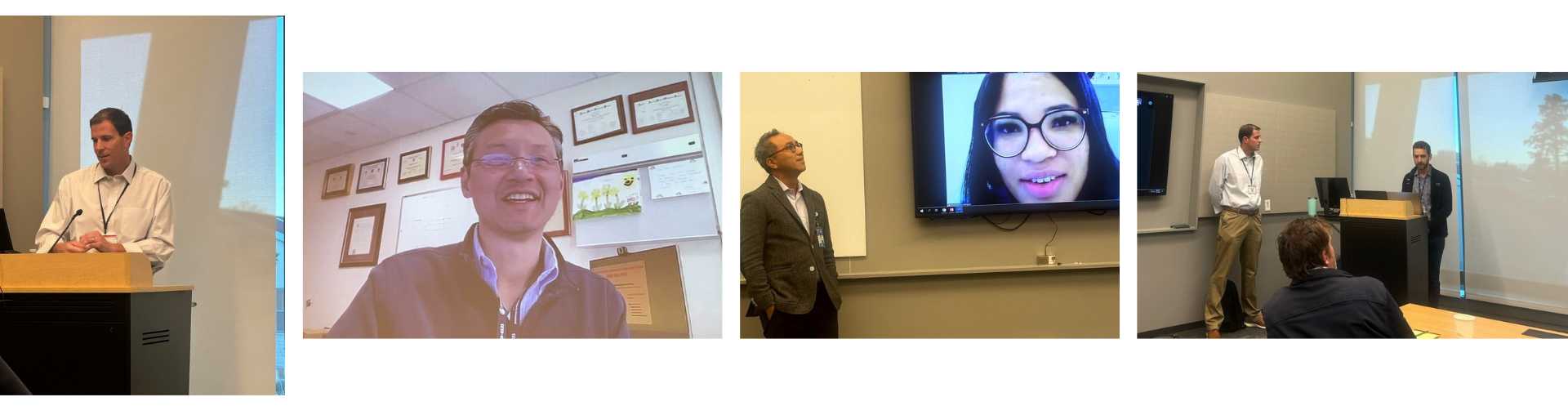 Four photos compiled, left to right: Dr. Eblovi speaking at podium, Dr. Bae smiling in video, Dr. Nguyen looking at Dr. Morillo on video screen, Dr. Gibson and Dr. Eblovi at podium while man in business attire sits in front row of audience