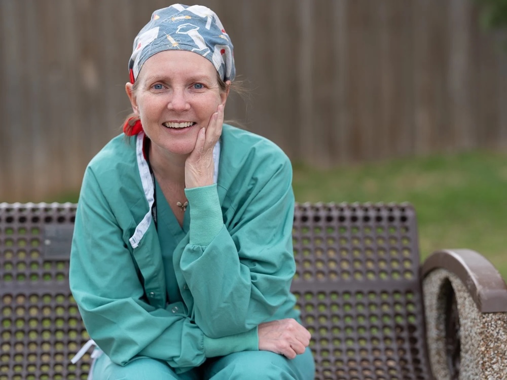 Angela Harkoff in scrubs