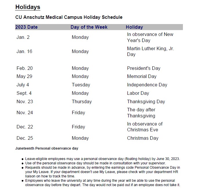 Employee Holiday Schedule Employee Holiday Schedule