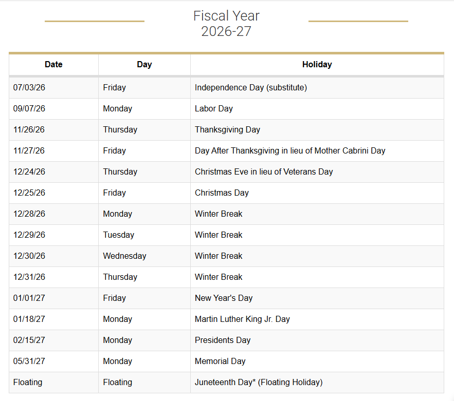 Pic of Holiday dates shown through link provided