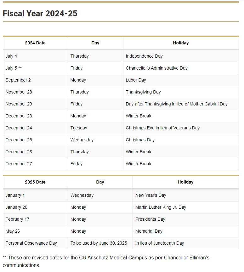 AMC Updated Holiday Calendar