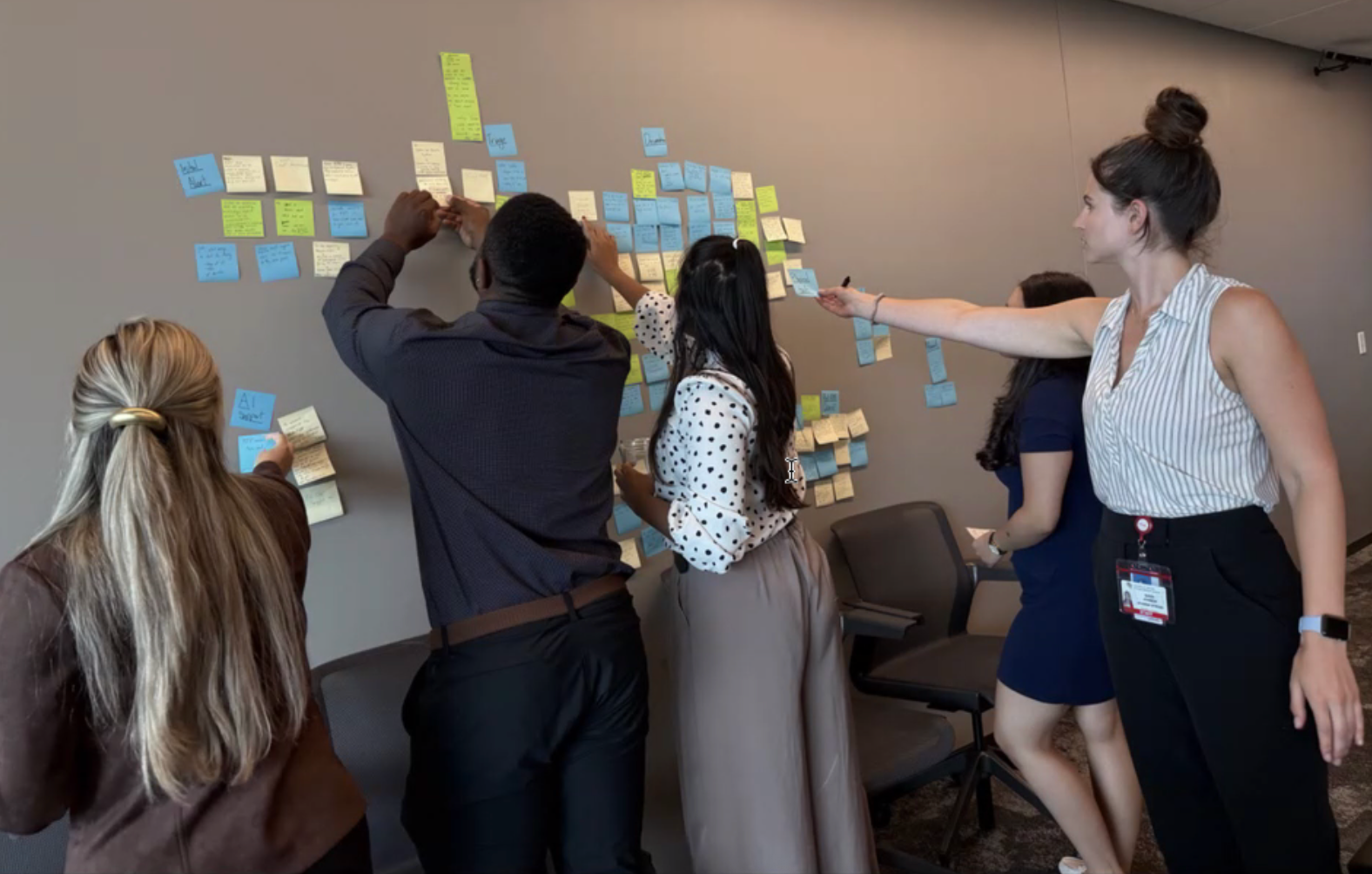 Group putting up sticky notes on wall