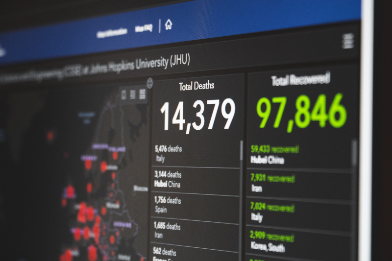 Computer screen displaying COVID-19 statistics