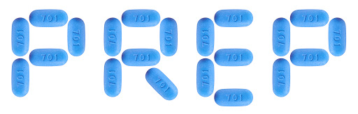 Image of blue pills spelling the word "Prep"