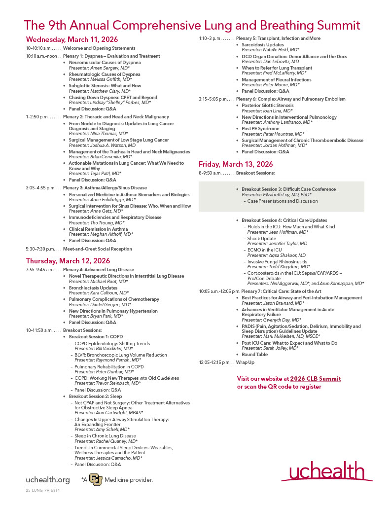 Agenda for 9th Annual Lung and Breathing Summit, March 11–13, 2026, with sessions and UCHealth branding.