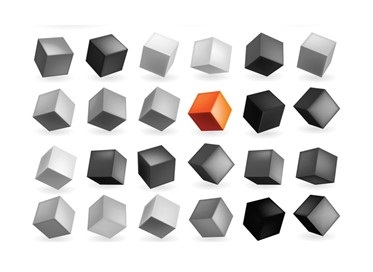 A photo of multi-colored cubes facing different directions