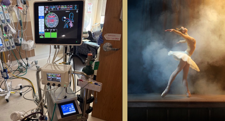 A collage including a photo of an ECMO Machine next to a photo of a ballerina on a foggy stage.