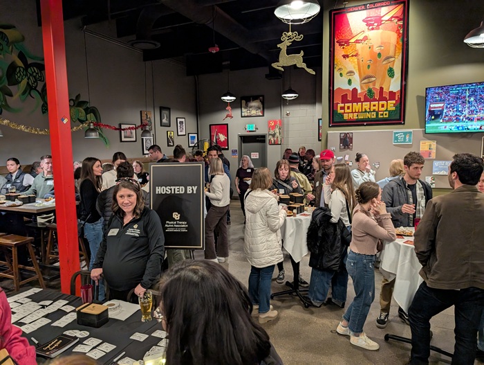 Photos of students gathered at Cerebral Brewing for the PT Alumni Association Graduation Party