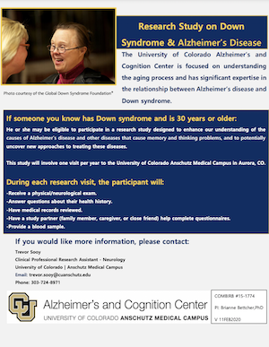 Recruitment flyer for Alzheimer's Disease and Down Syndrome Study