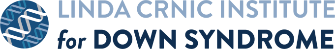 The Linda Crnic Institute logo is a dark blue circle encompassing three double helixes, representing the triplication of chromosome 21