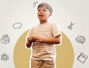 boy in striped shirt with icons representing school surrounding him