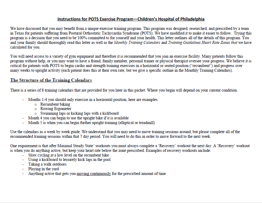 Children's Hospital of Philadelphia Instructions for POTS Exercise Program