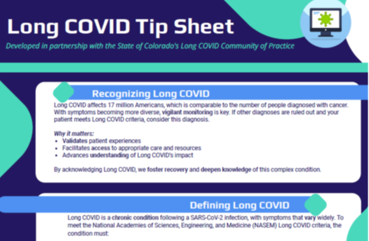 Front Page of Long COVID Tip Sheet for providers
