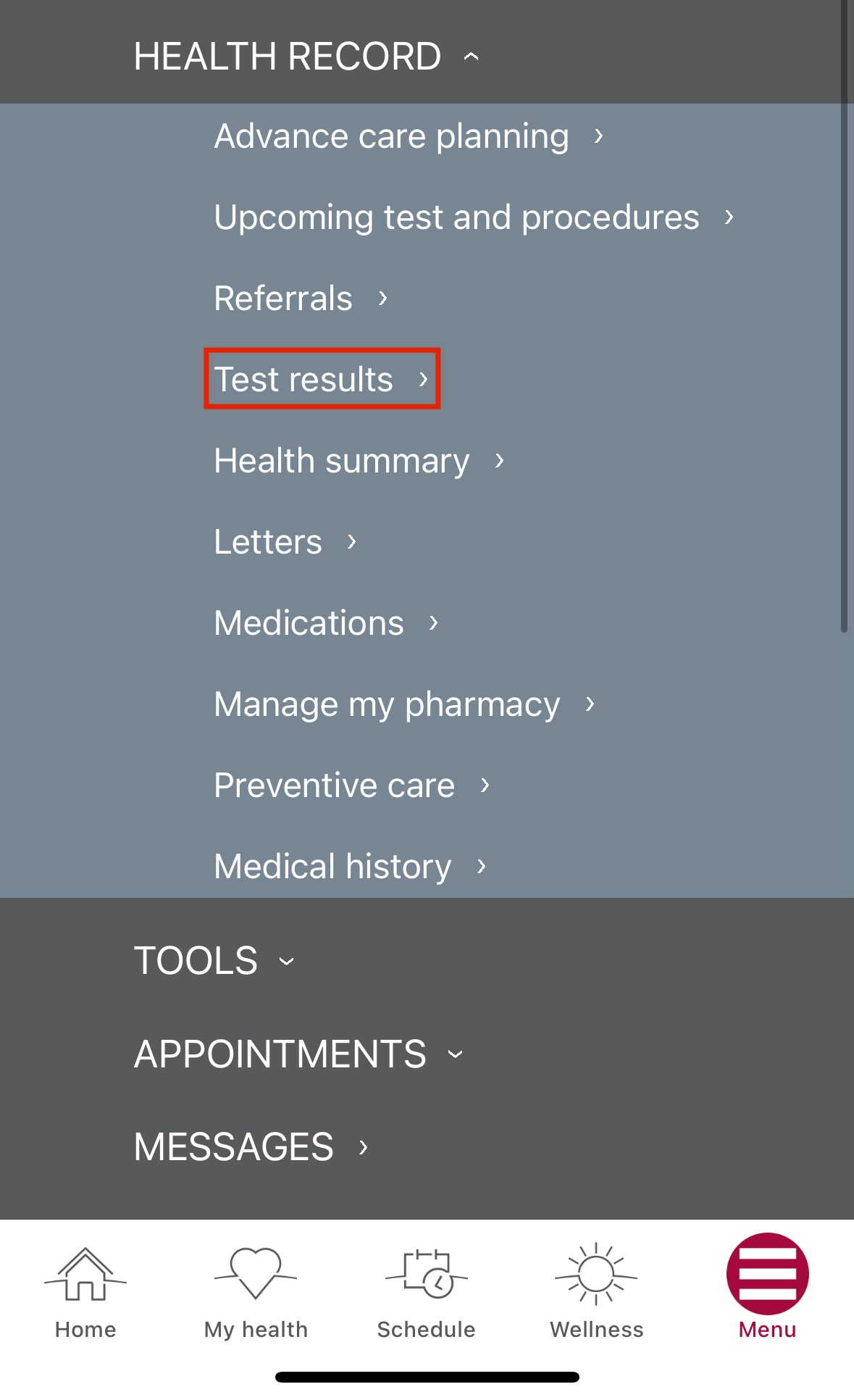 test results on the app