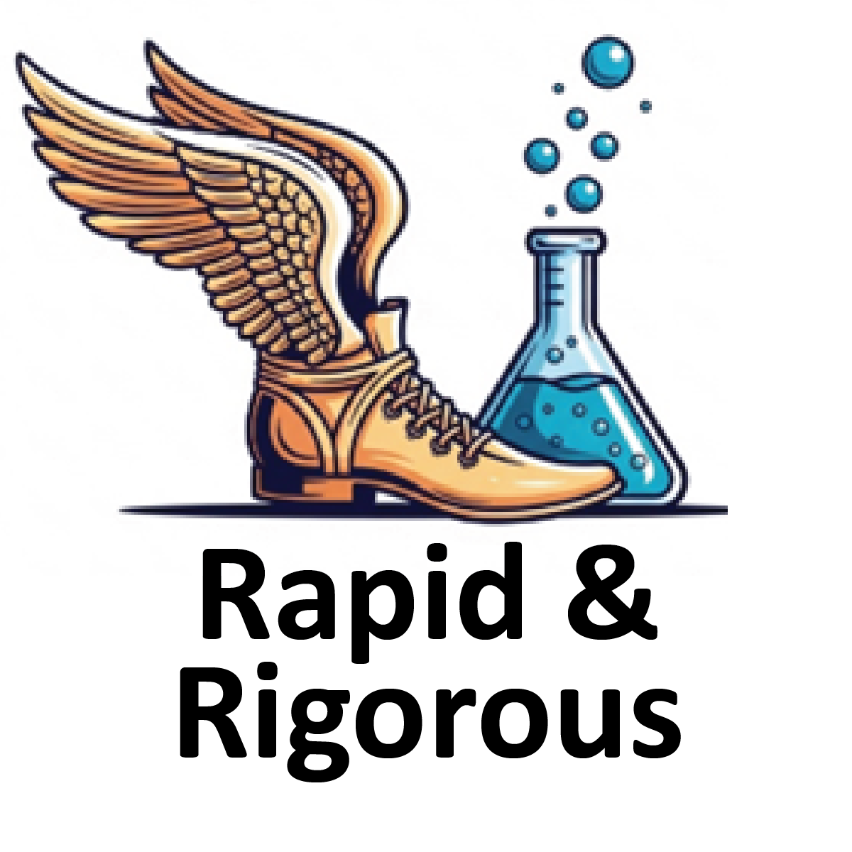 shoe with wings and bubbling beaker to resemble rapid and rigorous research